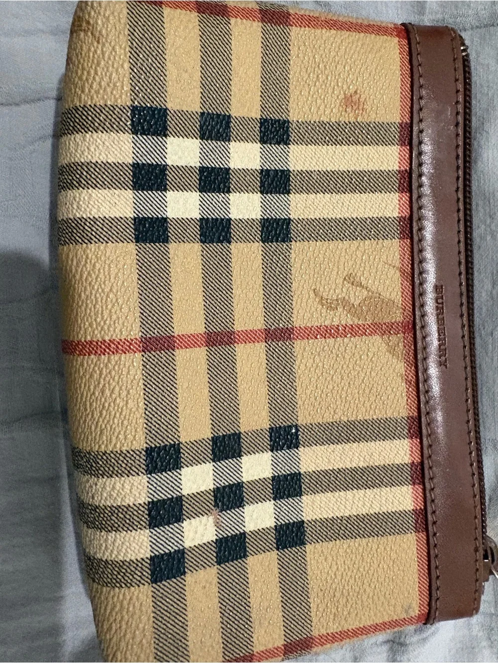 Burberry Beige Plaid Cosmetic Pouch with Brown Trim